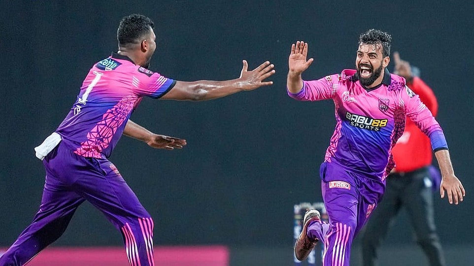 Photo: Special Arrangement : Colombo Strikers' Shadab Khan celebrating after taking a hat-trick in LPL 2024.